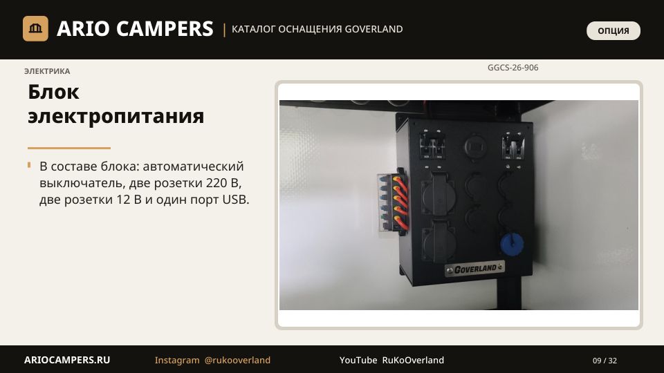Страница каталога: блок электропитания: розетки 220 В и 12 В, USB